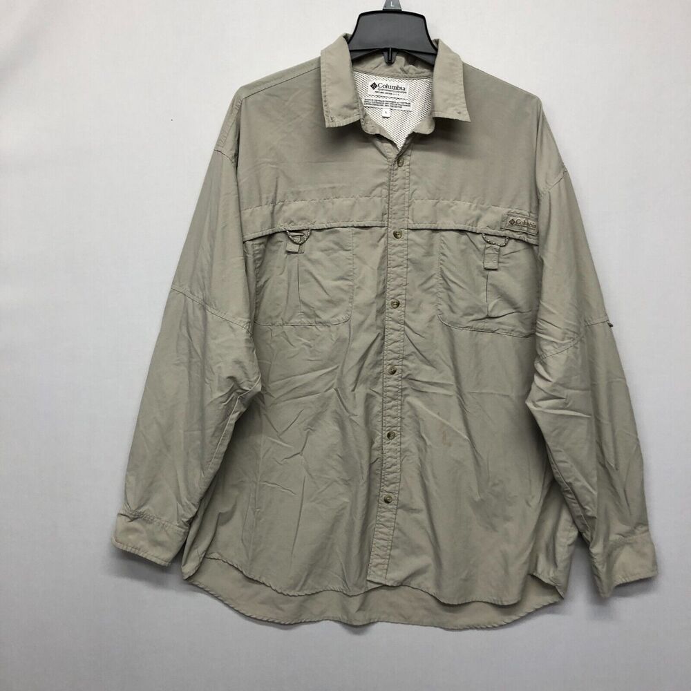Columbia PFG Men Outdoor Fishing Button Shirt Top Size XL X-Large Beige B249 -12